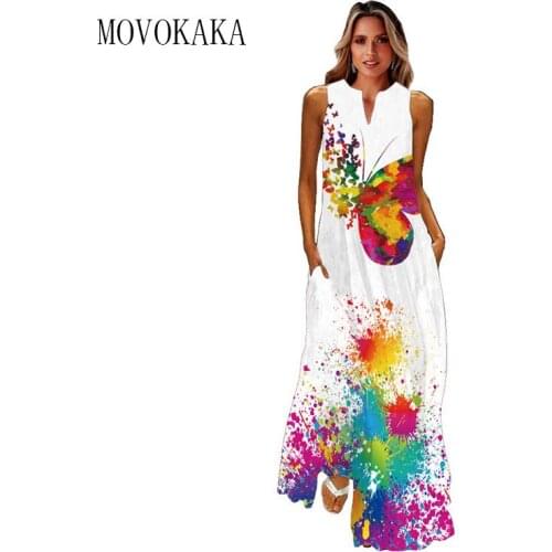 MOVOKAKA 3D Print White Dress Summer Holiday Beach Casual Elegant Vintage Dresses Woman Party V Neck Sleeveless Long Dress Women