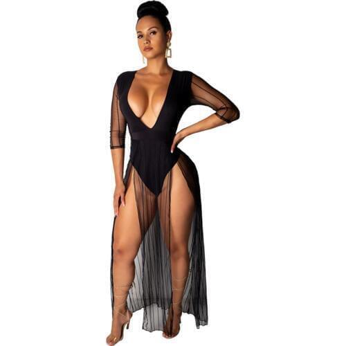 Sexy See-Through Sheer Mesh Maxi Dress Women Deep V-neck Stretchy High Split Floor-length Evening Party Long Dresses Club Wear