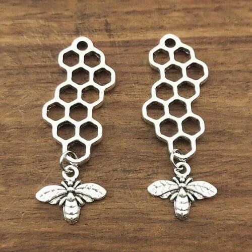 10 pcs Honeycomb With Bee Charms Handmade Accessories Silver Colors Honeycomb Bee Charms