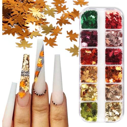 12 Grids/Set Holographic Maple Leaf Sequins Nail Glitter Flakes Paillette For Autumn Nail Art Decorations Manicure Tips