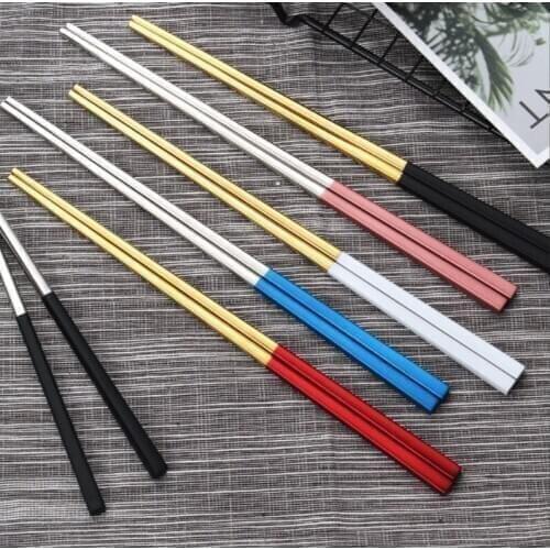 5 Pair Steel Square Chopsticks Titanium-plated Anti-skid Anti-scald Household 304 Stainless Steel Square Chopsticks