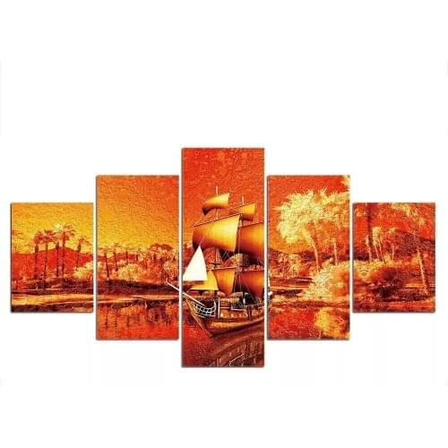 Canvas Wall Art 5 Pieces Prints Poster Home Decoration Golden Sailboat Painting Modern Park For Bedroom Modular Pictures Frame