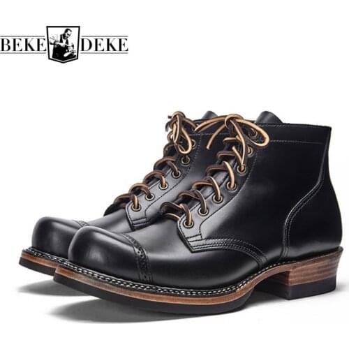 High Quality Handmade Oil Wax Cowhide Short Tube Boots Men Autumn Winter Vintage Genuine Leather Thick Platform Lace-Up Boots