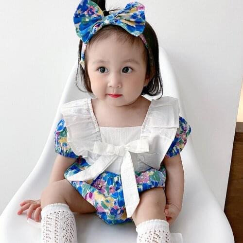 Children 2021 Clothing Baby Girl Khaki Short Sleeve Bag Summer Floral Bow Jumpsuit 0-3 Years Old Girls Baby Girl Bodysuit