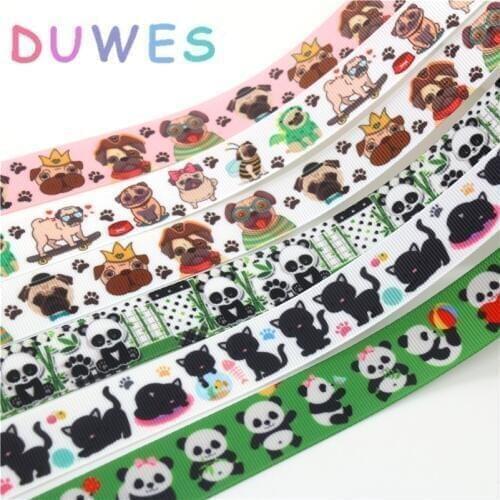 DUWES 50yards panda animals dog cat Printed Grosgrain Ribbon Accessory hairbow headwear decoration Wholesale DIY OEM D1108