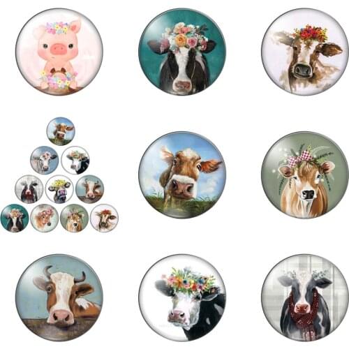 Art Flower Cow Bull Animal Painting 10mm/12mm/14mm/16mm/18mm/20mm/25mm Round Photo Glass Cabochon Demo Flat Back Making Findings