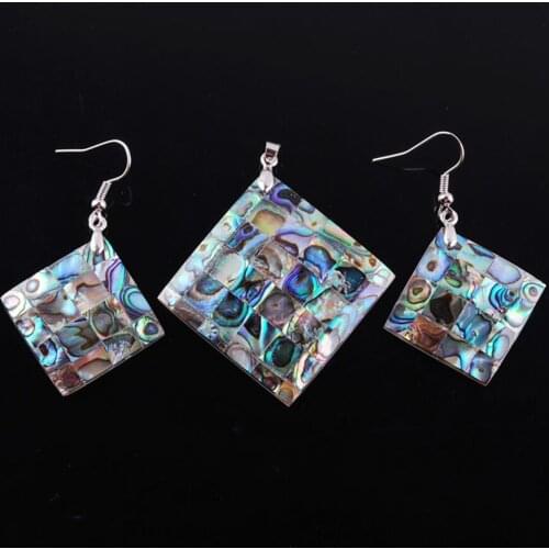 Jewelry Set For Lady Gift Natural New Zealand Abalone Shell Square Beads Earring Pendant & Necklace Chain 45cm TQ3003