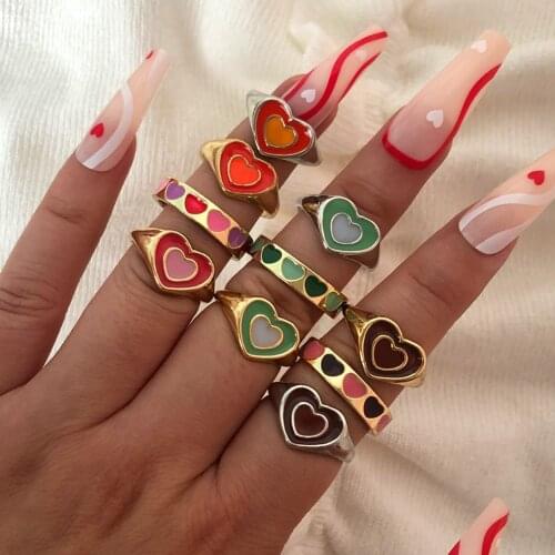 Korean Cute Glazed Colorful Love Heart Open Rings For Women Girls Simple Geometry Gold Color Metal Finger Ring Party Jewelry
