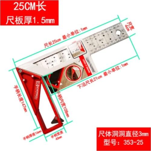 Good quality 90-degree stainless steel square ruler,woodworker 45 marked line ruler,woodworking tool,hole stainless steel ruler