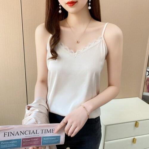 Summer T Shirt Women Condole Belt Female Bud Silk v-neck Wear Pure Silk Satin Type Small Vest Render Female Tee Tshirts DEQ1966