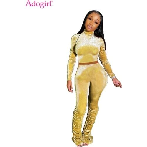 Adogirl 2020 Fall Winter Velvet Two Piece Set Tracksuit Turtleneck Long Sleeve Crop Top Stacked Flare Pants Fashion Casual Suits