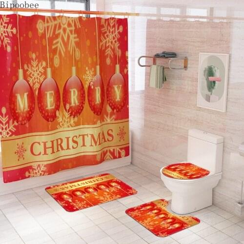 Merry Christmas Printed Pattern 180x180cm Red Bathroom Shower Curtain Pedestal Rug Lid Toilet Cover Mat Non-slip Bath Mat Set
