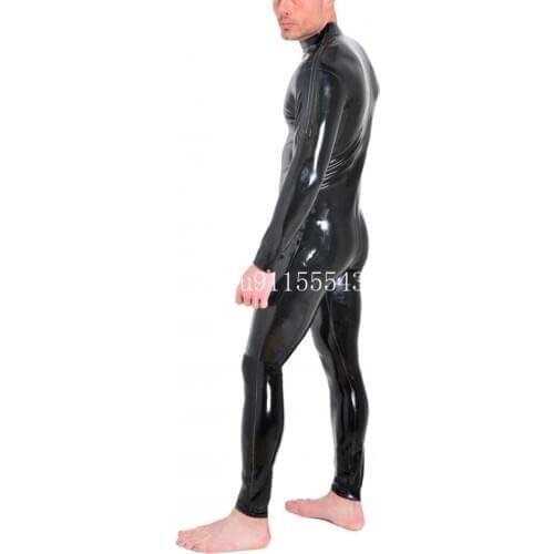 Handmade Double Shoulders Zipper Mens Full body Design Sexy Latex Tight Jumpsuit Rubber Catsuit Clothing with Crotch Zip