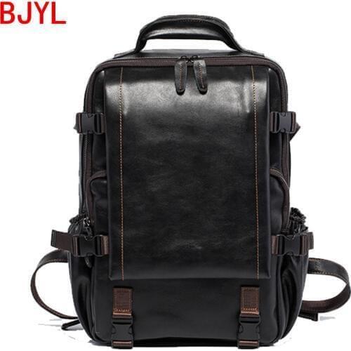 Genuine Leather Mens Backpack Leather Travel Backpacks Shoulder Bags 15.6 Inch Laptop Bags Black Retro Handmade Vintage Men