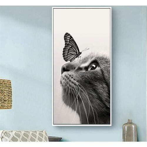 Nordic Poster and Prints Black and White Cats and Butterfly Wall Art Pictures Decoration Picture Canvas Painting for Living Room