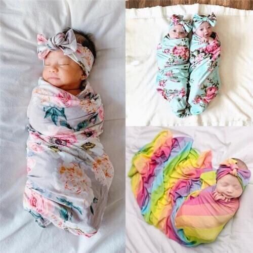 2pcs/set Newborn Baby Girls Boys Sleeping Bag Infant Blanket Swaddle Wrap Gown Floral Headband Baby Sleepingsacks Blanket Outfit