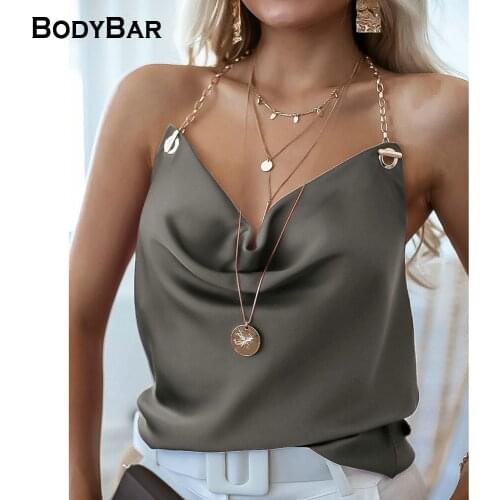 Sexy Metal Chain Halter Neck Strap Ladies Nightclub Solid Color Satin Vests Low-cut Sleeveless T-shirt For Female Backless Tees