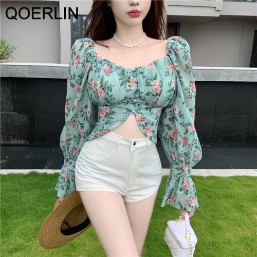 Floral Chiffon Long Sleeve Blouse Women Cropped Tops Puff Sleeve Sweet Shirt Womens Clothing 2021 Fashion Printed Tops Blouses