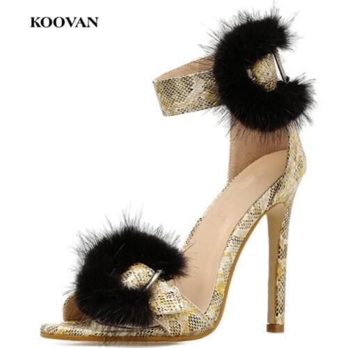 Koovan Womens Pumps 2018 New Ladies Shoes Women Sandals Summer New Snake Armpit Fur High-heeled Shoes Rome Sandal