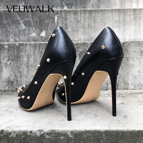 Veowalk Brand Matel Revits Fashion Women Stiletto High Heels, Sexy Ladies Pointed Studs Pumps Woman Slip on Party Wedding Shoes