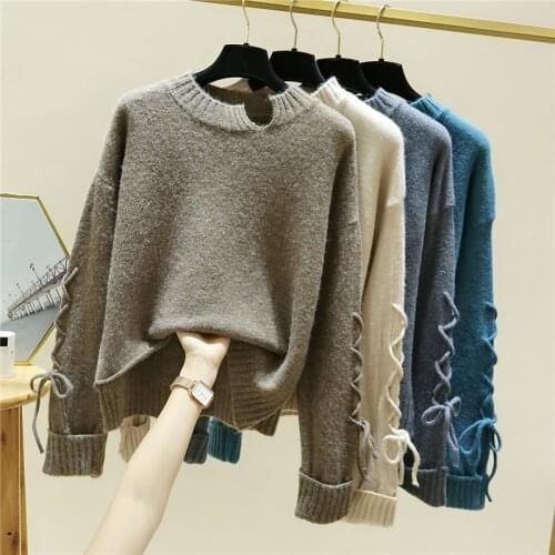 Sexy Lace Up Knitting Pullover Thick Top Fashion Autumn Winter Sweater Women Chic Pink O-Neck Slim Jumper Pull Femme 2021