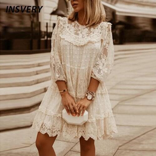 Women Elegant Lace Party Dress 2021 Fashion 3/4 Sleeve O Neck Bohemia Dresses For Women Sexy Dress Solid Ruffle Beach Dress