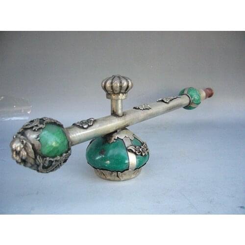 29 cm * / Pure handmade Miao silver jade smoking bar Chinese folk culture