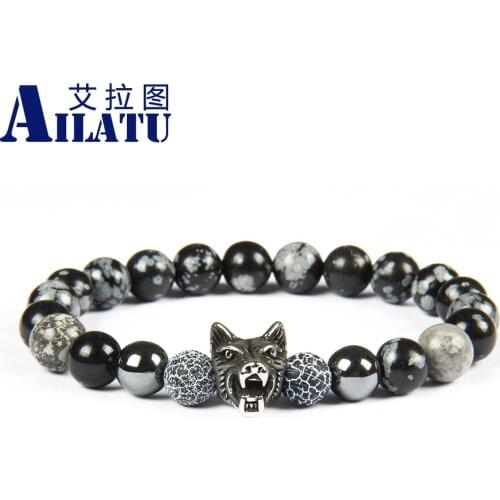 Ailatu Mens Bracelet Stainless Steel Wolf Beaded Bracelets with 8mm Obsidian & Matte Onyx Stone Beads Not Fade Top Quality
