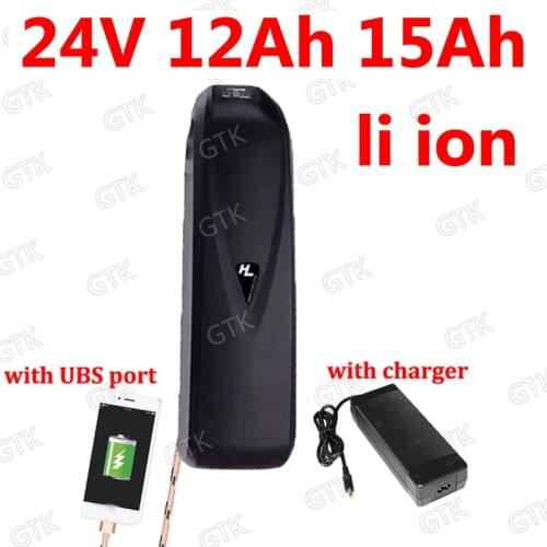 GTK 24v 15ah 12AH li-ion hailong bateria 18650 BMS 7S battery Water bottle battery for 350w ebike bicycle scooter +2A Charger