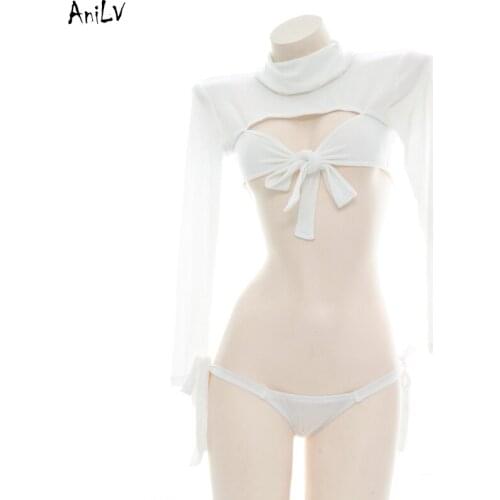 AniLV Womens Virgin Killer White Knitted Swimsuit Costume Summer Beach High Collar Pullover Swimwear Pool Party Cosplay