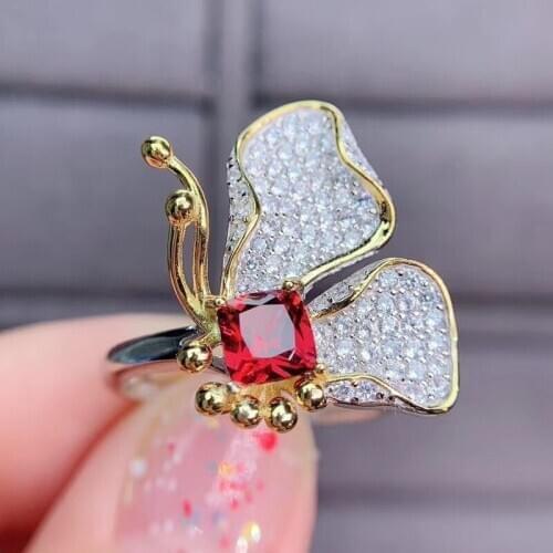 Natural real red garnet butterfly big ring Per jewelry 5*5mm 1.2ct gemstone 925 sterling silver Fine jewelry J21132