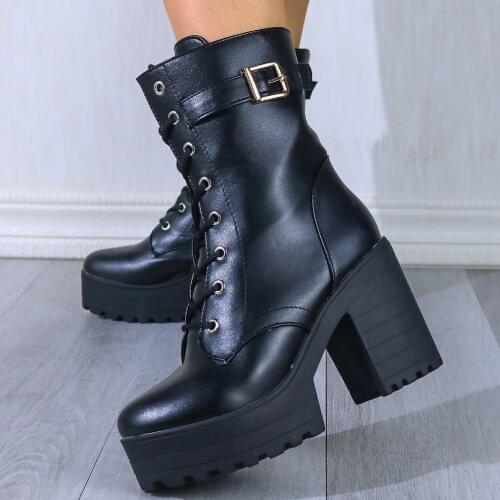 BONJOMARISA New Hot Sale Dropship 34-43 Platform Ankle Boots Women lace-up Motorcycle Booties Ladies High Heels Shoes Woman