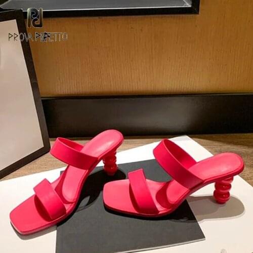 Square toe leather fashion all-match summer rose red and green strange heel high-heeled sandals and slippers women