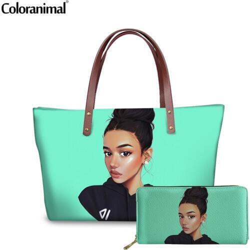 Coloranimal 2019 New Black Queen American African Girls Printing Handbag Set Women Tote Bag Luxury Leather PU Wallet Shopper Bag