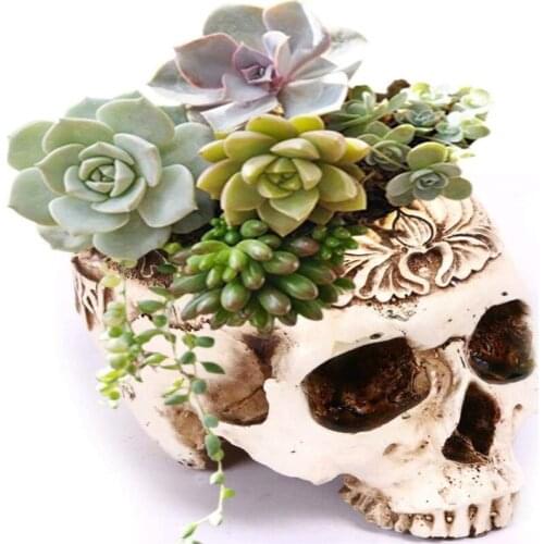Halloween Flowerpot Skull Shaped Resin Vase Flower Container Planter Artware Desktop Decor Living Room Office Home Decoration