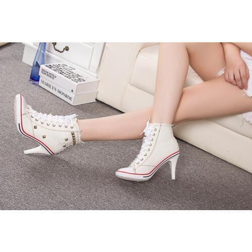 Cross Straps Spring and Autumn Denim Boots 4 Color 2019 New Women Boots New High Heels 8cm Rivets Canvas Shoes Thin Heels Shoes