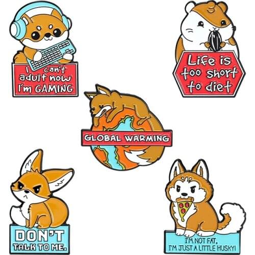 Animal Enamel Pins Cute Cartoon Brooches Dog Hamster Fox Pattern Text Badges Clothes Lapel Pins Jewelry Gift for Kids Friends