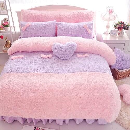 Purple Pink Luxury Plush Shaggy Warm Comforter Quilt Cover Bedskirt Pillow shams Twin Queen King Duvet Cover Girls Bedding set