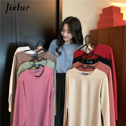 Jielur Solid Color T-shirt Long Sleeve Autumn T Shirt Women 2021 New Tee Shirt O-neck Femme Tops Hipster Ladies Tshirt One Size