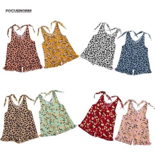 FOCUSNORM 0-4Y Summer Baby Girls Rompers Leopard/Flowers Print Sleeveless Belt Button Chiffon Causal Shorts