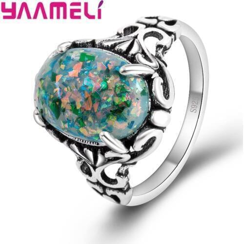 Hot Selling Mysterious 925 Sterling Silver Finger Rings With Big Opal Store For Women Female Crystal Jewelry Present