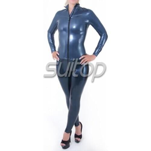 Metallic blue latex rubber catsuit with glove &socks for women latex fetish full bodysuit