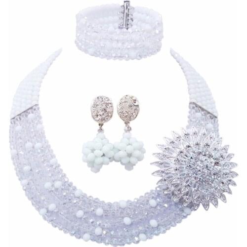 Fashion White Transparent Crystal Beaded Multi Strands Necklace Nigerian Wedding African Beads Jewelry Set for Women 5L-ZJ001