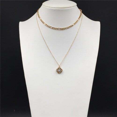 Trendy Gold Color Plating Round Filigree Zircon in Center Layered Necklace For Women Girl Classic Office Lady Modern Jewelry