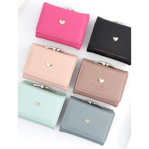 Candy Color Fashion Women Coin Purse Leather Solid Color Vintage Short Wallet Heart Hasp Ladies Girls Card Holder