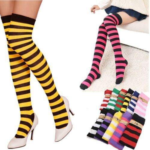 New Women Girls Over Knee Long Stripe Printed Thigh High Striped Patterned Stockings Sweet Cute Striped Stockings