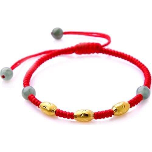 New Real 24k Yellow Gold Chain Women Lucky Bead Knitted Bracelet Adjustable