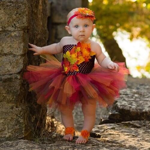 Fall Autumn Girl Tutu Dress Baby Toddler Brown Leaf Birthday Party Role Play Dress Up 1-10Y Kids Halloween Thanksgiving Costumes