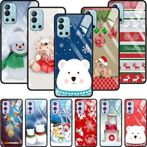 Transparent Glass Phone Case For Oneplus 8T Z 9 8 7 7T Pro 8 Nord 8T 9R Bumper Caso Smartphone cute Merry Christmas snowman