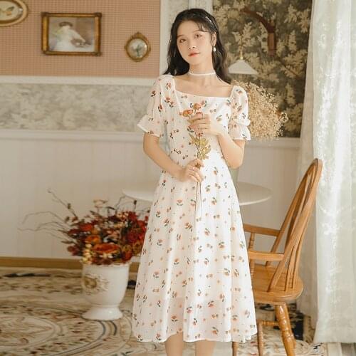 Women French Romantic Girl Floral Chiffon Square Neck Fairy Dress 2021 Fashion Chic Flare Sleeve Sweet Vestidos